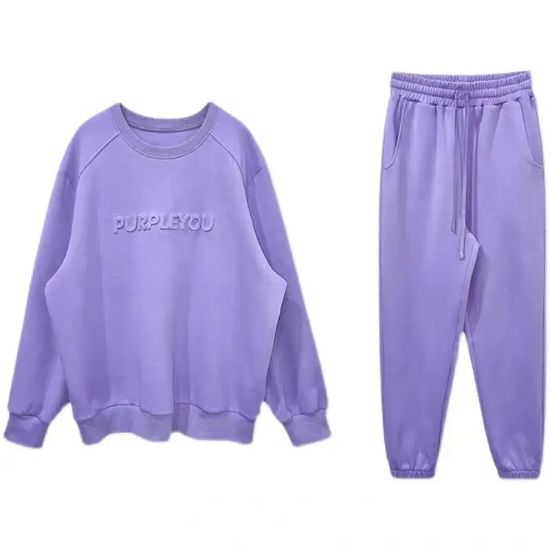 Women\'s Purple Sports Suit Spring And Autumn 2025 New Casual Fashion Style Loose Long Sleeve Sweater Tops Pants 2 Two Piece Set
