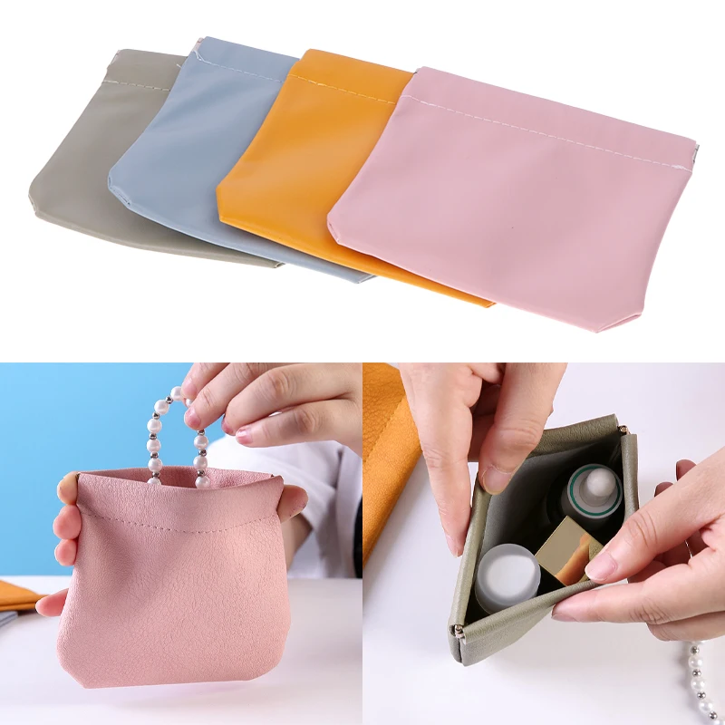 1Pc Mini Lipstick Key Jewelry Cosmetic Bag Women Portable Automatic Closing Makeup Storage Bag Pouch PU Earphone Coin Handbag