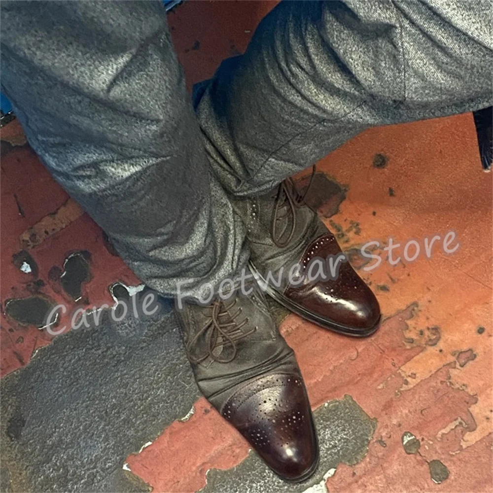 Retro Distressed Genuine Leather Brogue Shoes Male Mixed Color Lace-Up Chunky Heel Oxfords Business Formals Party Dress Loafers