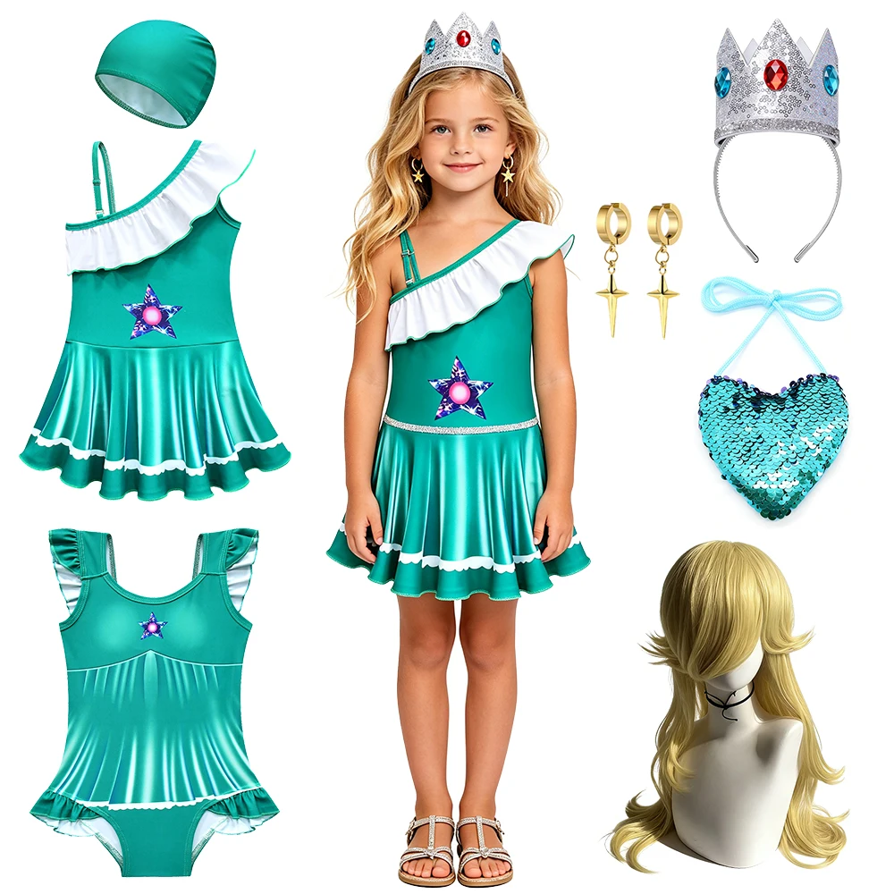 Girls Galaxy Princess Costume Fairy Tale Swimsuit Ruffle Sleeve Green Bathing Suit with Star Print for Beach Pool Party Swimwear