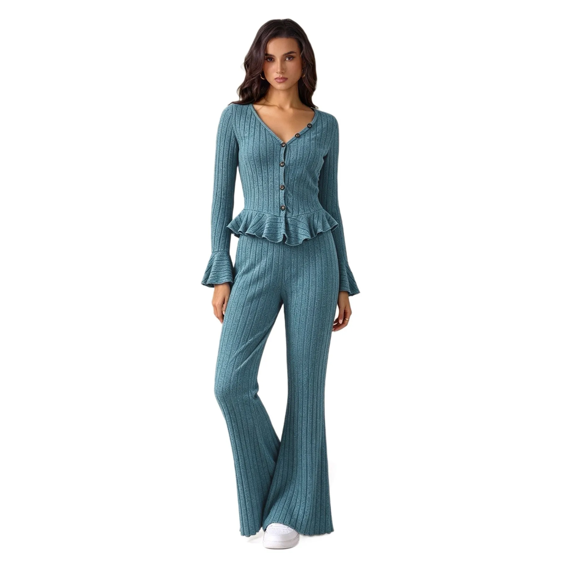 Bell Sleeve Long Sleeve Set Full Length Lazy Style with Fresh and Sweet Summer Pants T Shirt Top Long Pants Casual Women Sets