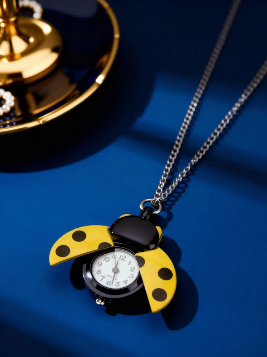 Retro Ladybug Shape Yellow Pocket Watch Vintage Quartz Alloy Metal Gift Portable Chain Lightweight