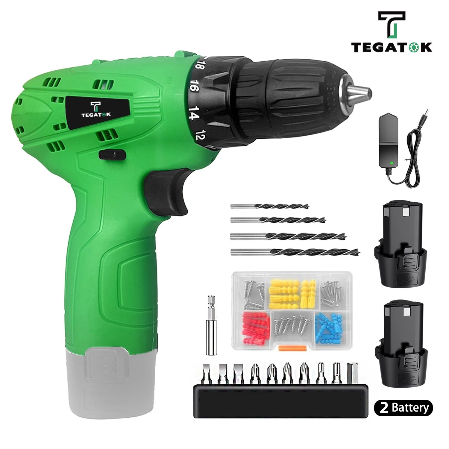 Tegatok 12V Cordless Drill Set, 18+1 Torque Settings Power Drill, 3/ 8Keyless Chuckfor Home Maintenance, DIY Projects