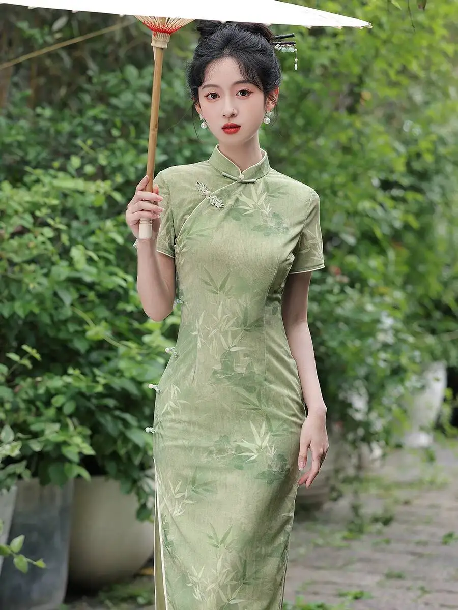 

Green Qipao women Qipao Dress Chinese tradition Hanfu Cheongsam Long Dress Bamboo Design dress