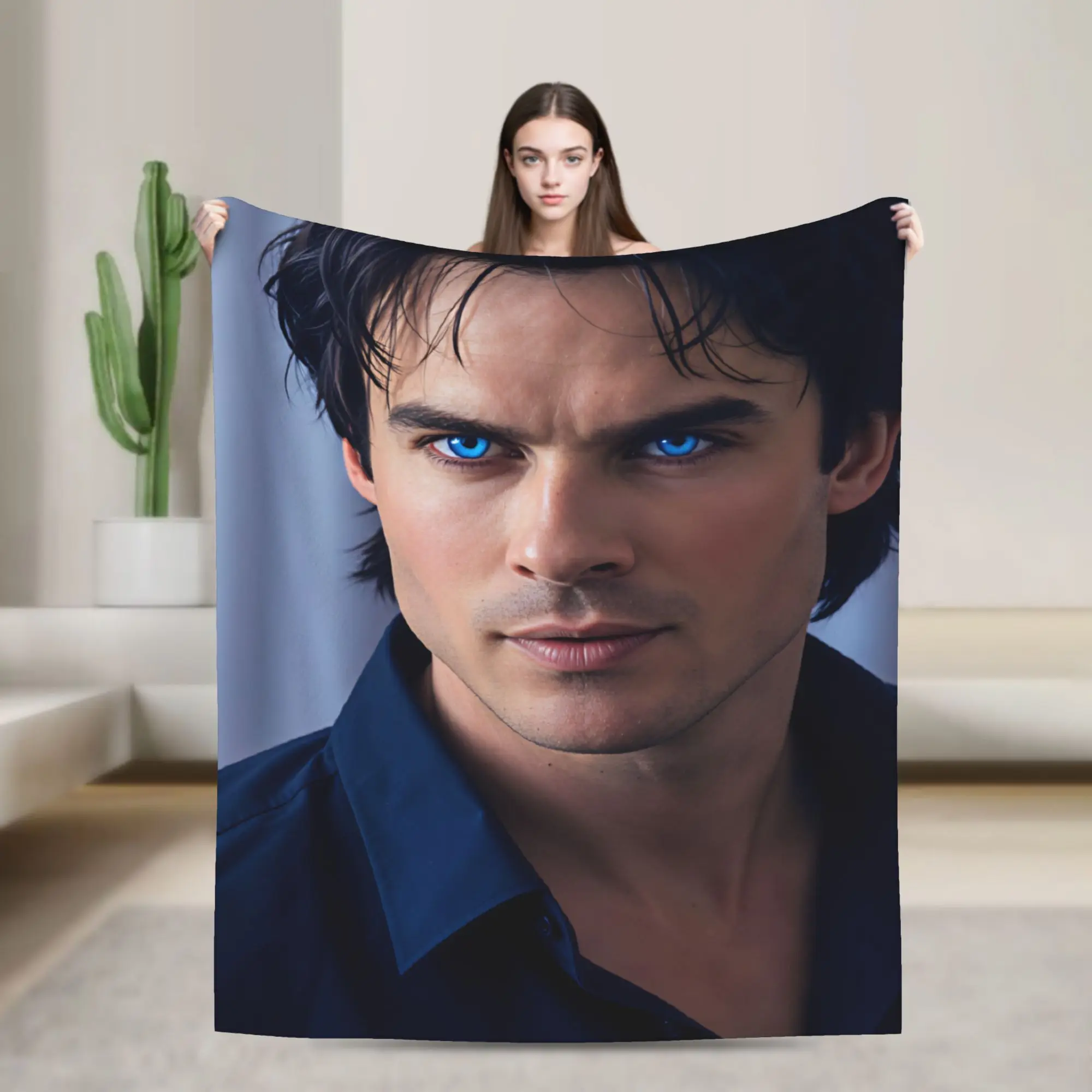 Damon Salvatore Intense Portrait Flannel Blanket  Super Soft Throw Blanket for Outdoor Camping Pattern Bedspread Sofa Bed Cover