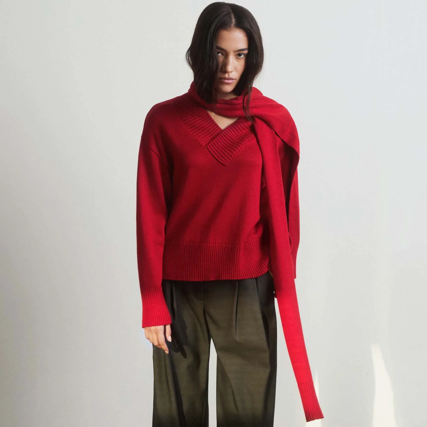 RU Womens Loose Fit V Neck Sweater With Matching Knit Scarf Rib Trim Cropped Pullover Warm Knit Tops For Daily Commute Wear