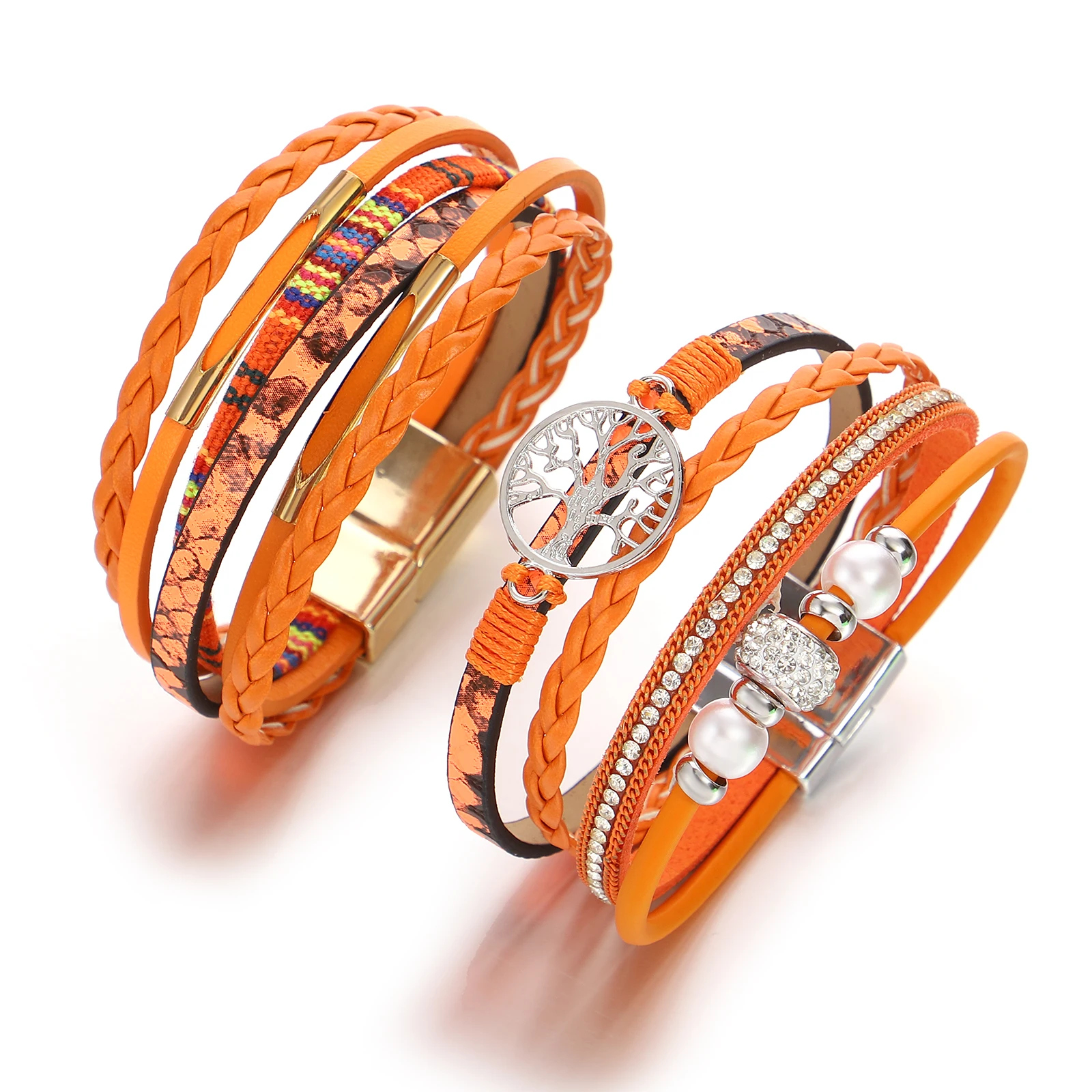 Amorcome Retro Tree of Life Orange Leather Bracelet Women Fashion Rhinestone Imitation Pearl Multi Layer Wove Bracelet Gifts