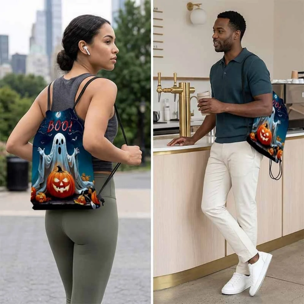1Pc Custom Text Halloween Pumpkin Drawstring Backpack, Portable Drawstring Bag, Suitable for Gym, Travel, Sports, Holiday Gift