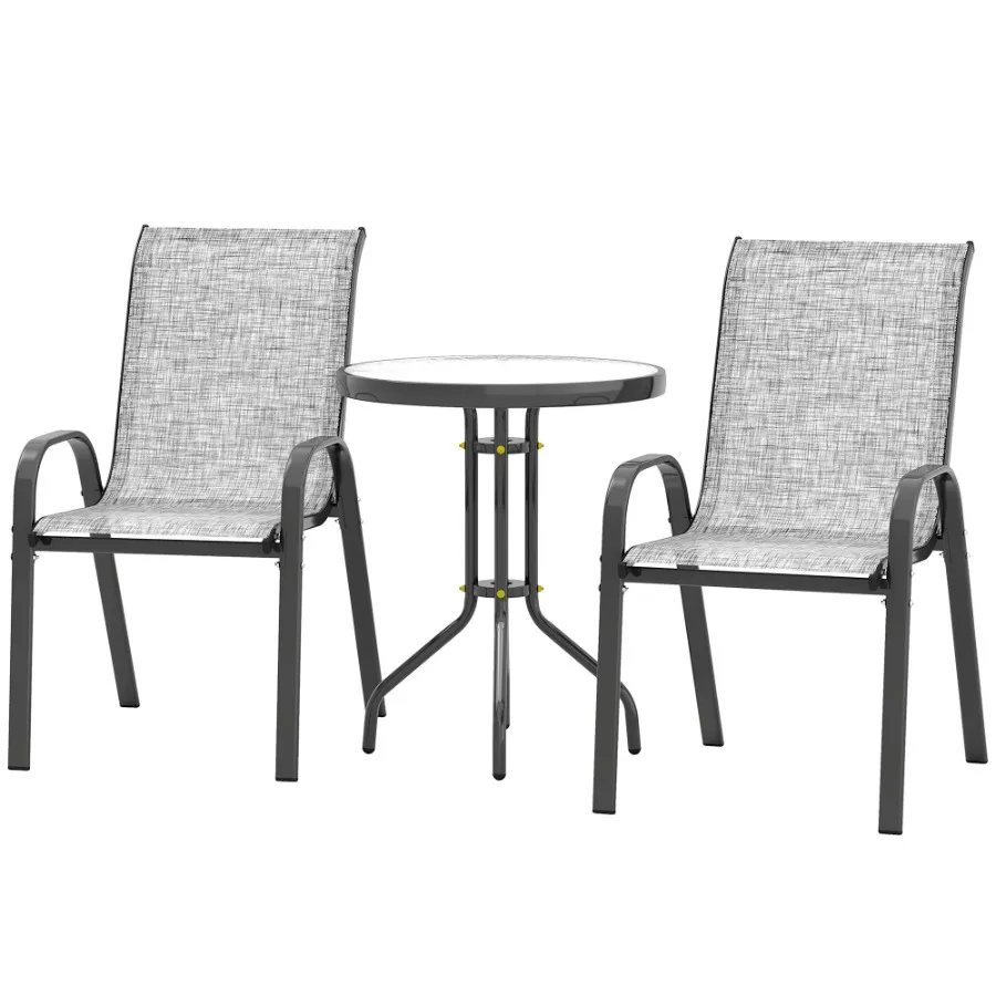 

3 Pieces Bistro Set Small Patio Furniture Set with Stackable Chairs and Glass Table for Backyard Balcony Gray