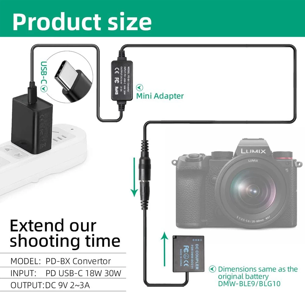 DMW-DCC11 DC Coupler Replace DMW-BLE9/BLG10 Battery Kit for Panasonic Lumix DMC-TX1 GF3 GF5 GF6 GX7 GX85 GX9 ZS100 ZS200 TZ110