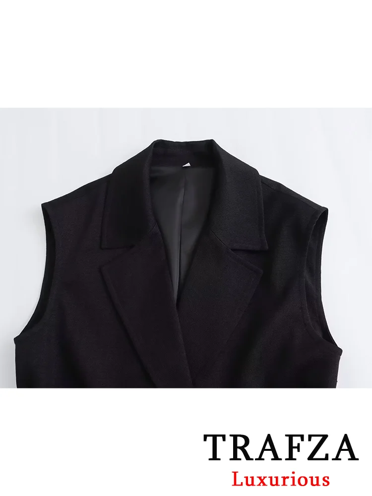 TRAFZA-Blazer preto monocromático vintage feminino, faixas com gola V, blazer sem mangas, cintura alta, calças de pernas largas, moda senhora do