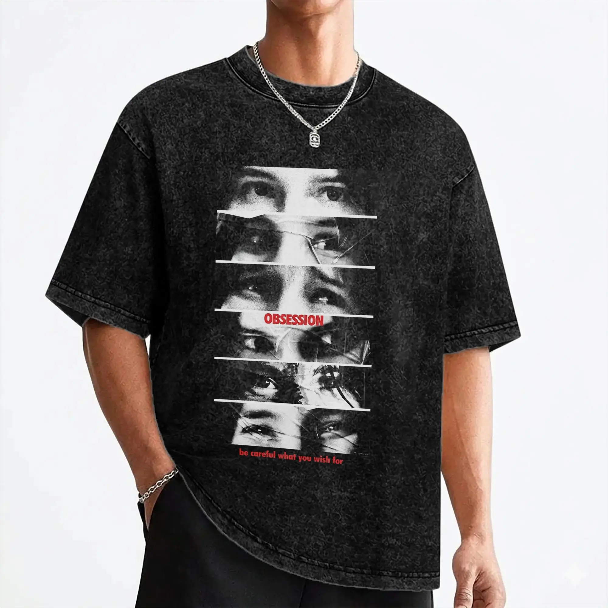 T-shirts décontractés unisexe à manches courtes effet délavé, style streetwear, thème film d'horreur Obsession, pour l'été