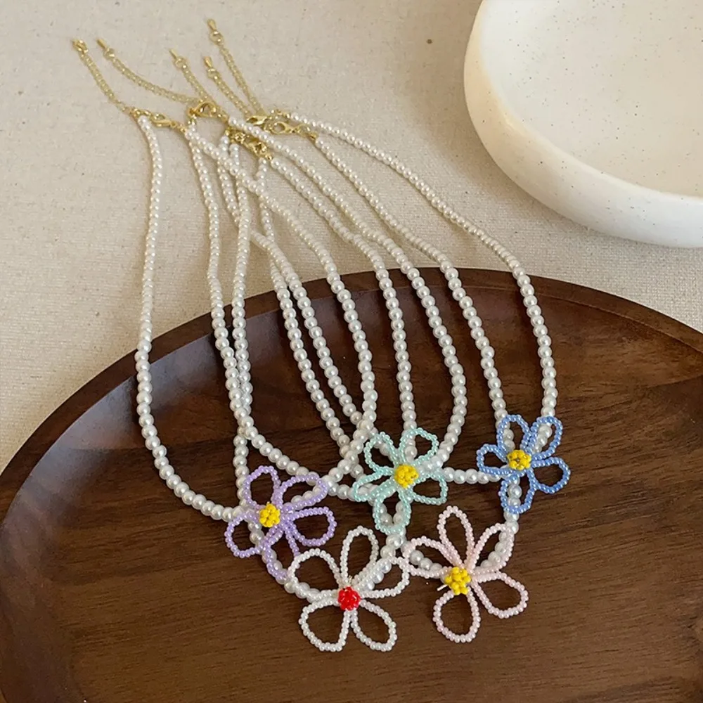 

Fashion Jewelry Flower Necklace Colorful Bohemia Imitation Pearl Necklace Clavicle Chain Pendant Beads Choker Girls