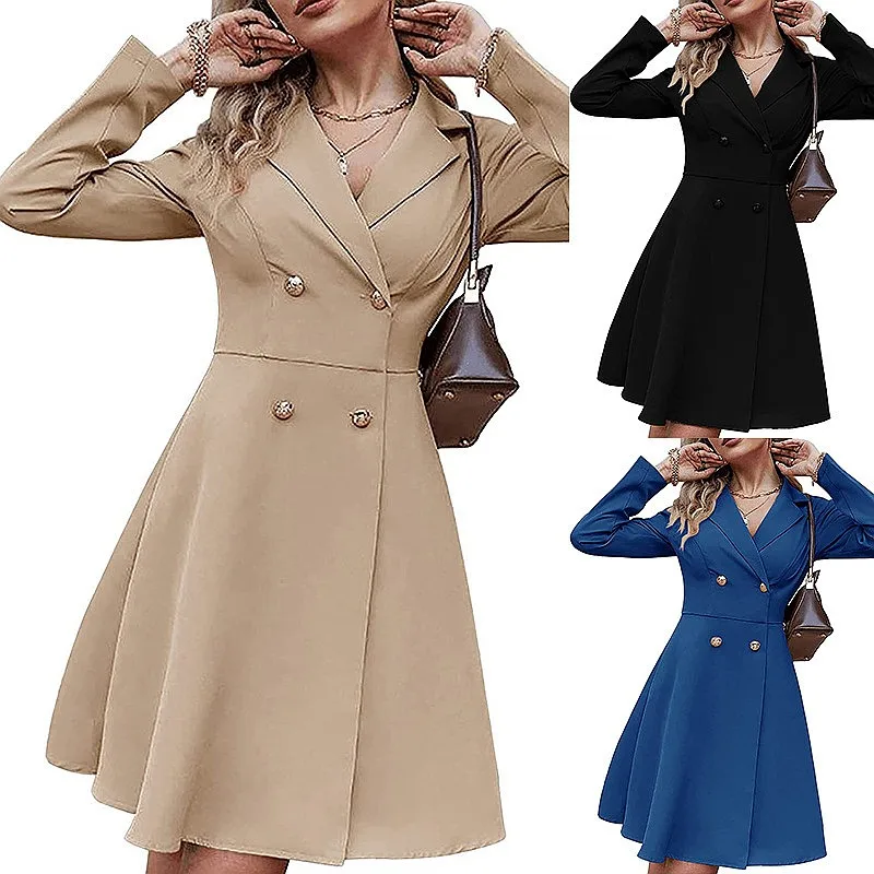 Women Trench Coat Double Breasted Solid Color Slim Fit Windbreaker Outerwear