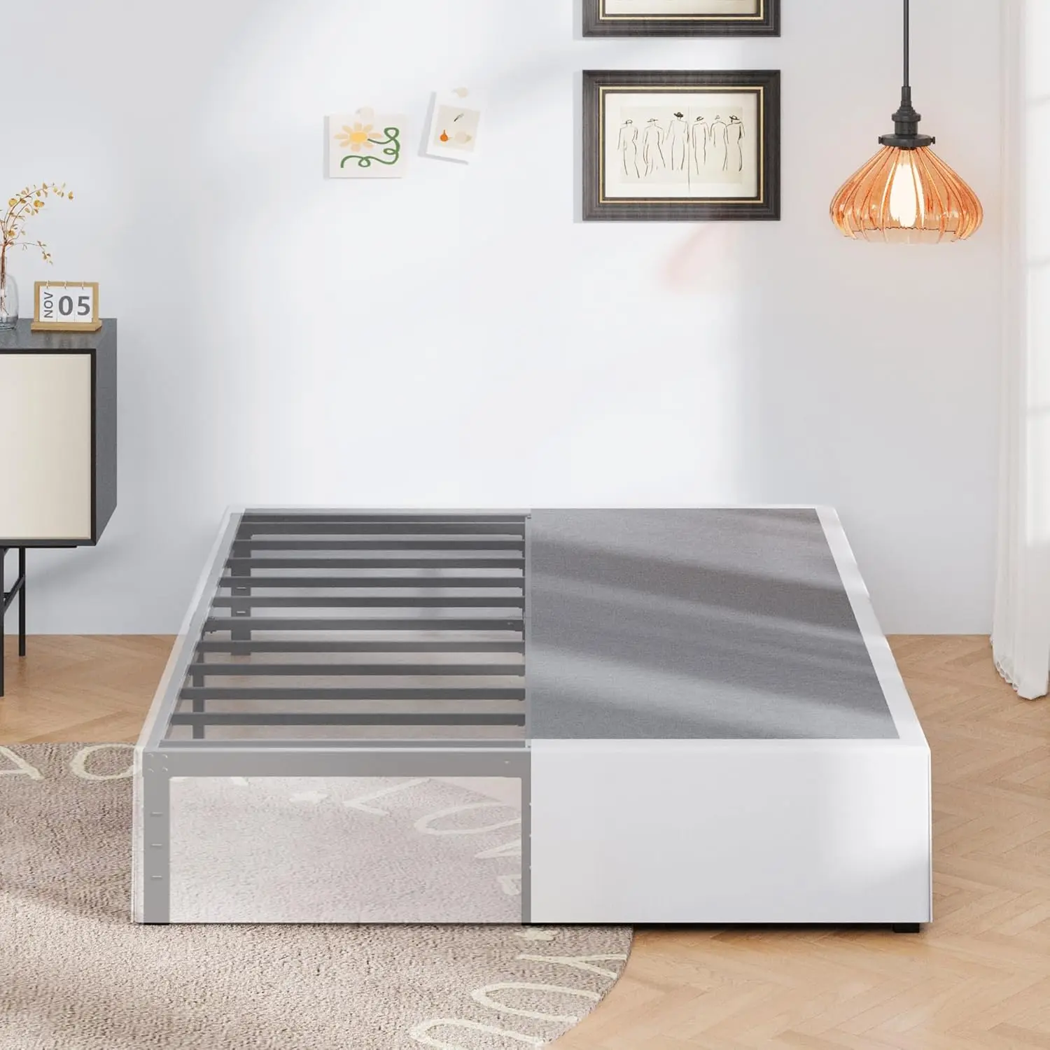 

16 Inch Queen Bed Frame with White Skirt Cover, Metal Bed Frame Queen Size with Storage, No Box Spring Needed, Customized