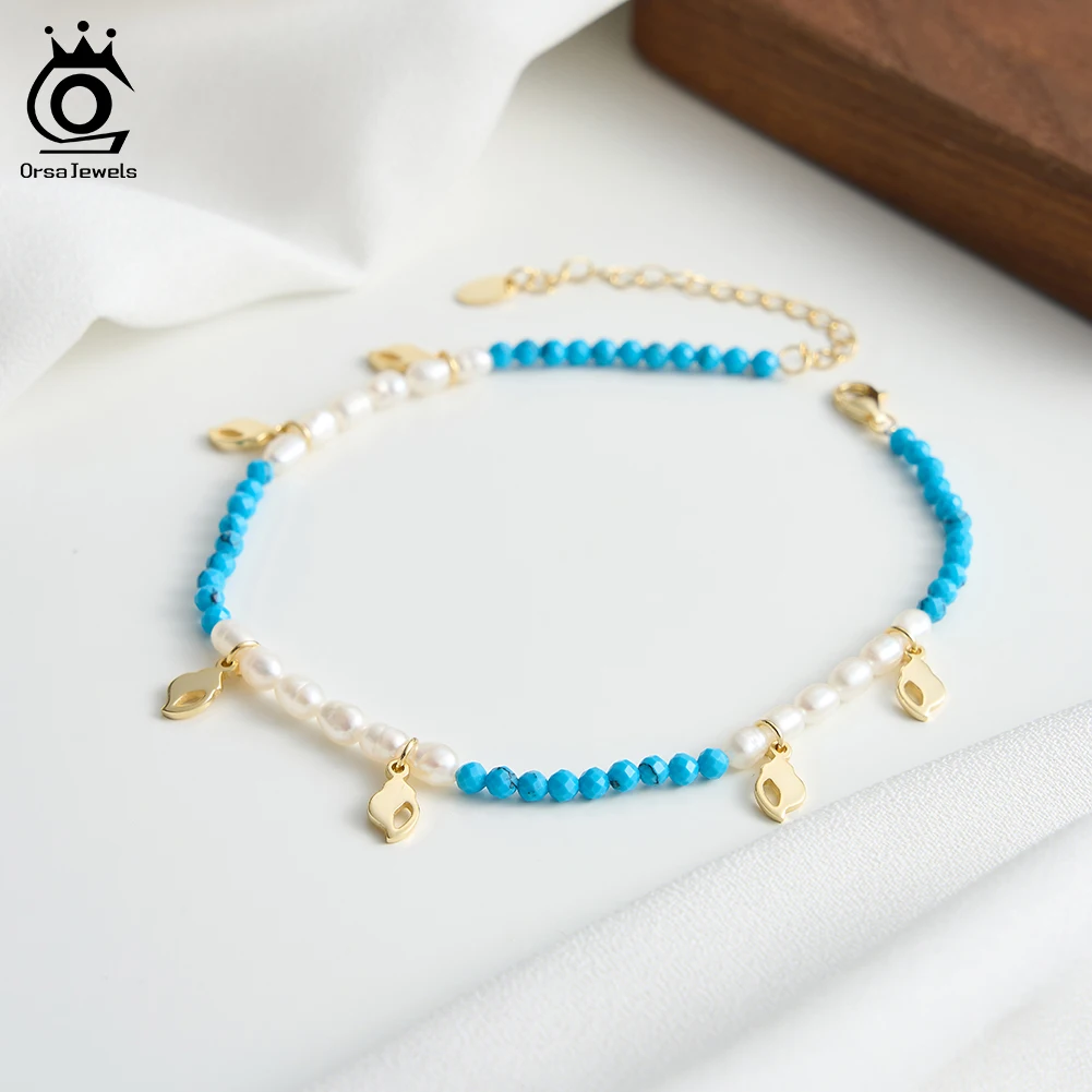 

ORSA JEWELS Original Natural Freshwater Pearls Turquoise Chain Anklet 925 Sterling Silver Exquisite Summer Beach Jewelry SA95