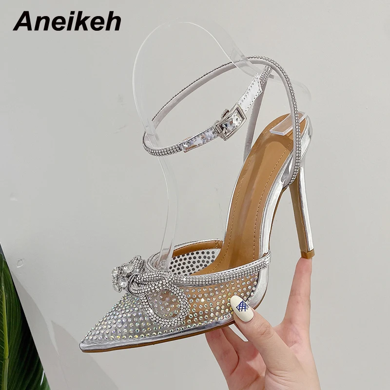 Aneikeh 2024 Sandals Heels Women Shoes Fashion Silver Butterfly-Knot Narrow Band Bling Cross-Tied Crystal Pointed Toe Pumps 42