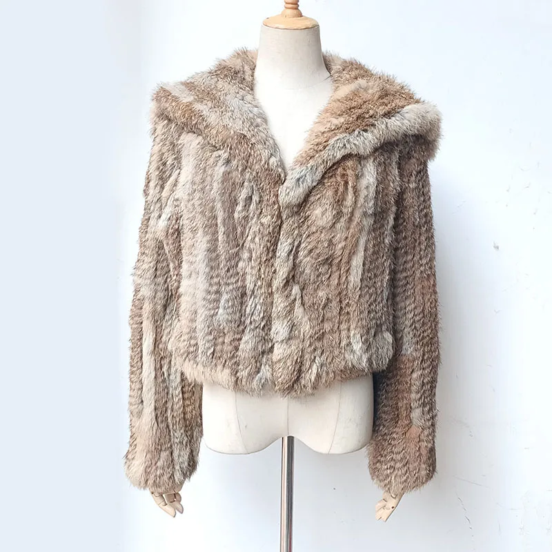 

2022 New Women Winter Knitted Real Rabbit Fur Coat With Long Sleeve Female Chic Genuine Fur Jacket Outwear With Big Collar