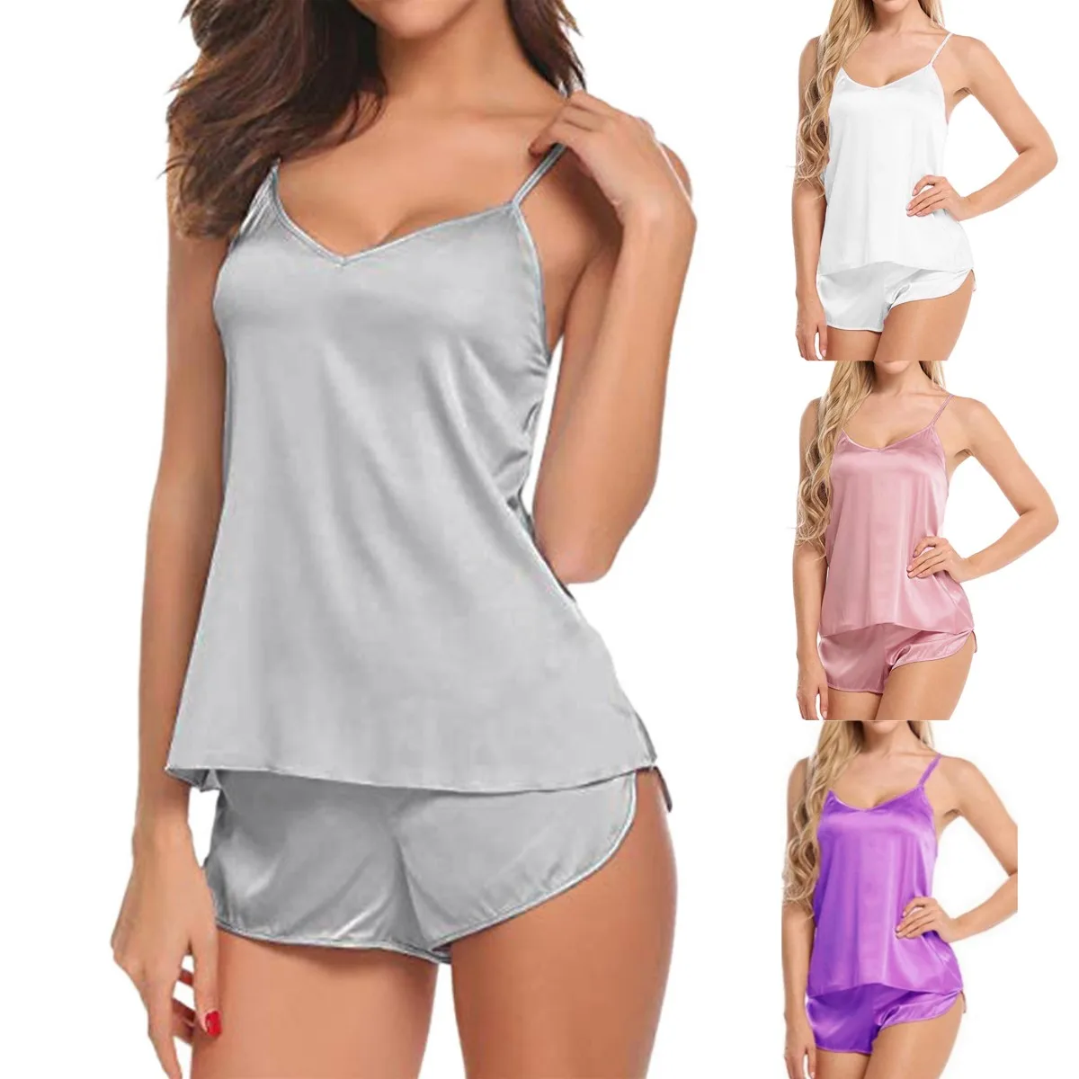 Women Sexy Ice Silky Pajamas Nightclothes Sleepwear Camisole And Shorts White Black Gray L XL XXL Comfortable Casual Summer