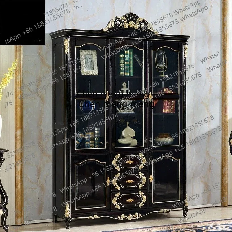 European solid wood bookcase with glass door American light luxury ebony study multi-layer bookcase