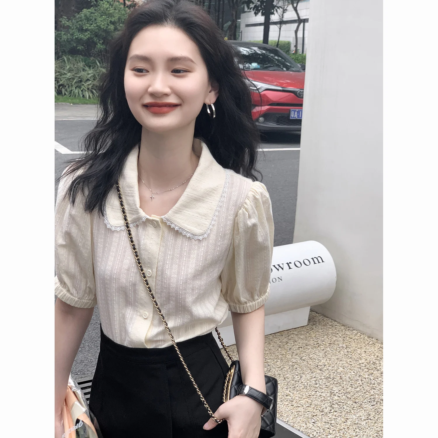

Short Sleeve Shirts Womens l Patchwork Pintuck Cropped Shirt Party Modern Urban Artistic Statement Student Youthful Trendy Look