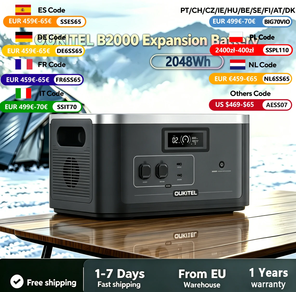 OUKITEL B2000 Expansion Battery 2048Wh LiFePO4 Battery, Over 3500 Life Cycles, Compatible with BP2000E Pro