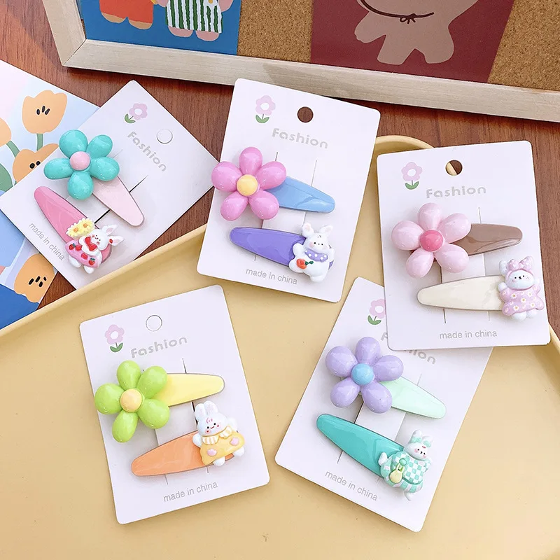 

2pcs New Bright Candy Color Headwear Cartoon Cute Rabbit Flower Hairpin Bangs Hair Clip Cute Girl Heart Hair Ornament Hairgrips