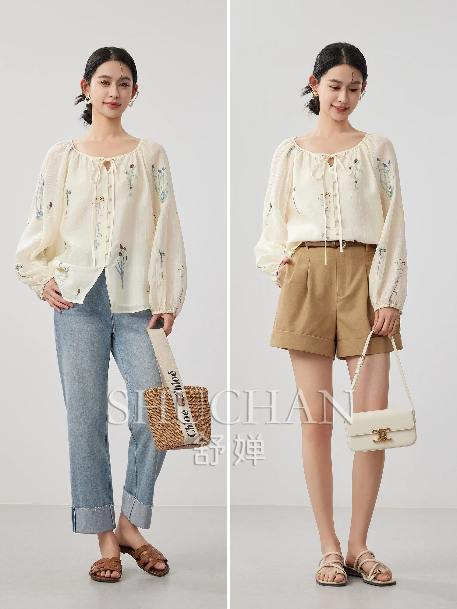 Good Quality, Relaxed Holiday Atmosphere, Oxygen Lyocell, Floral Embroidery, Tie-up Shirt Women Thin Summer 2025