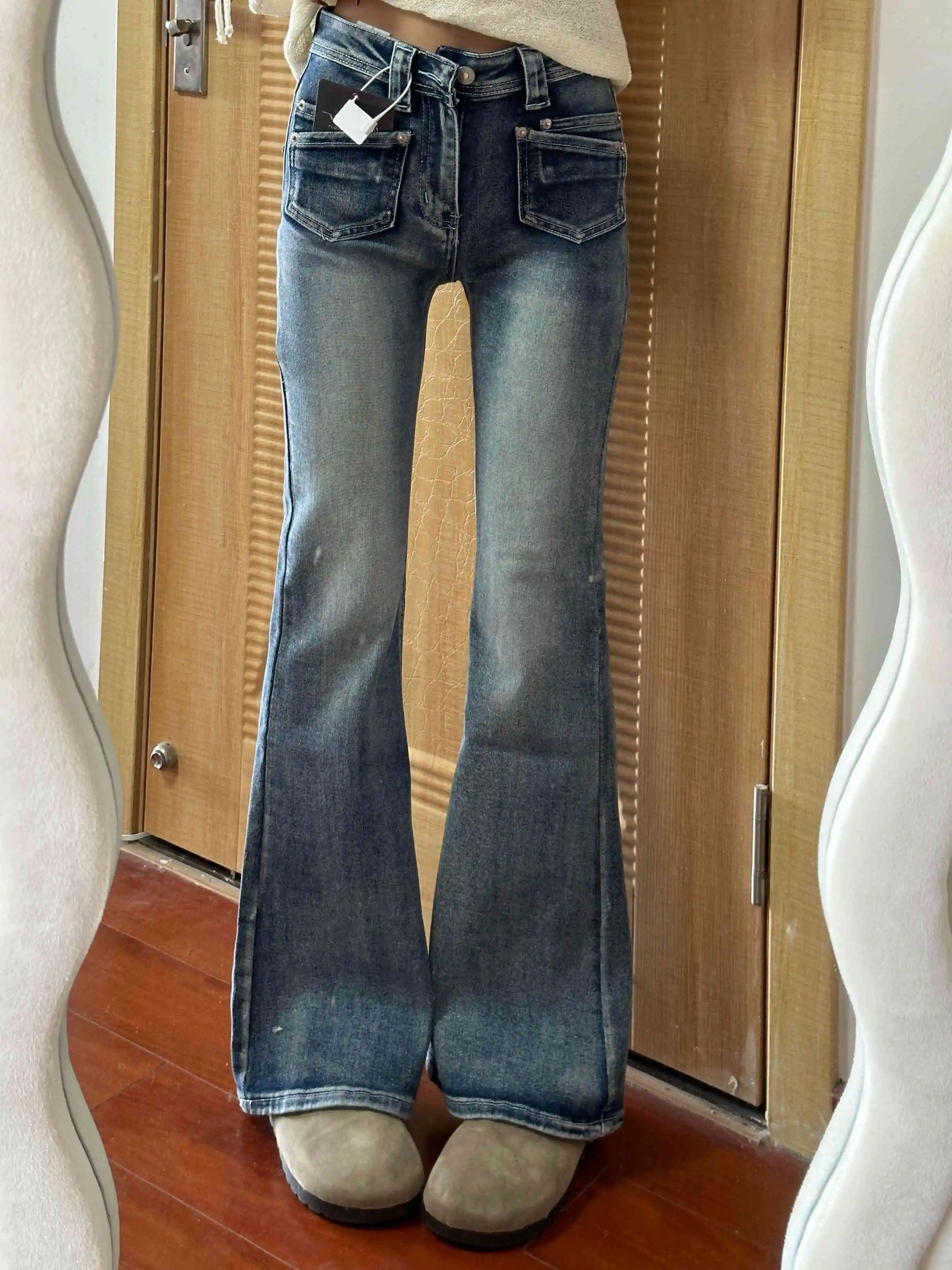 

American Retro High Waist Washed Bell Bottom Flare Jeans Women Spring Autumn Slim Skinny Denim Trousers Streetwear Casual Pants