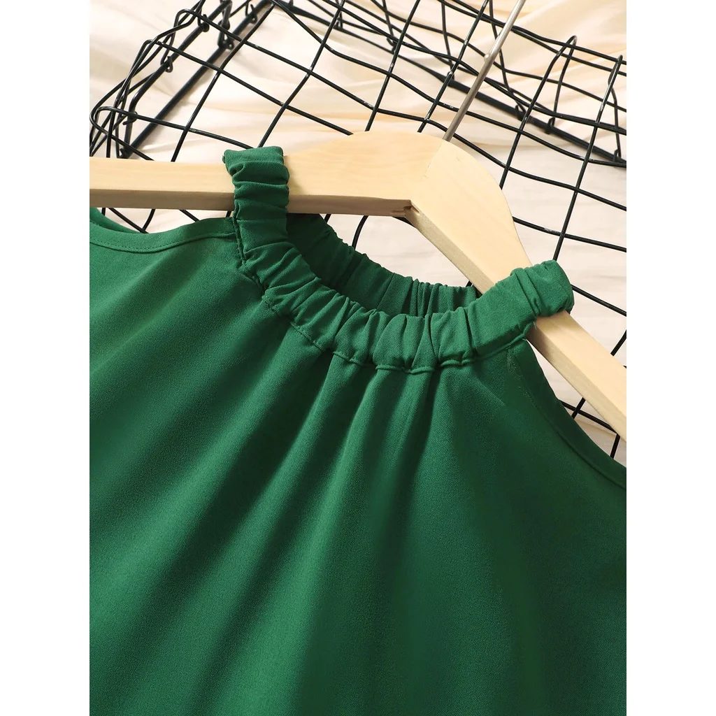 8-12 Years Children Girl Princess Dress Off Shoulder Green Dress with Belt for Kid Girl Summer School Daily Casual A-line Outfit