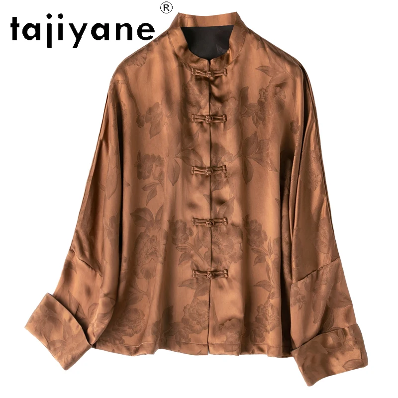 

TAJIYANE 100% Mulberry Silk Blouse Luxury Tea Brown Shirts Woman High Quality 45MM Blouses Spring Summer Clothes топ женский