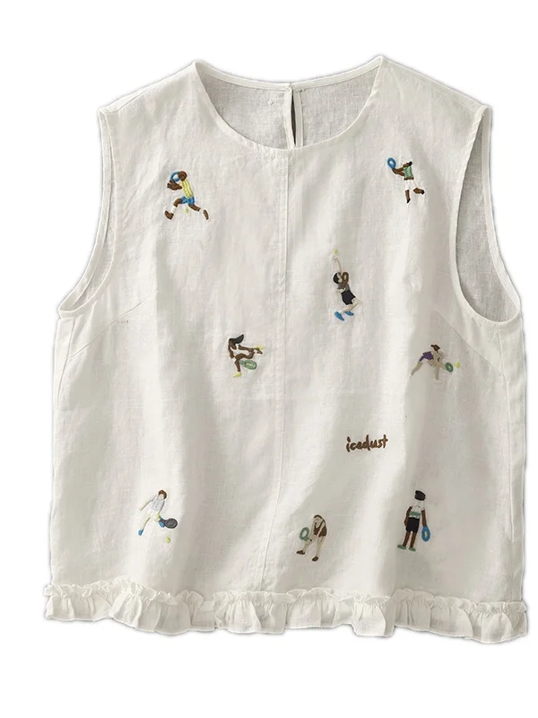 Retro Embroidered Abstract Pattern Svel irt Large Size Women's Casual Linen Vest Summer Faionable Versatile Commute...