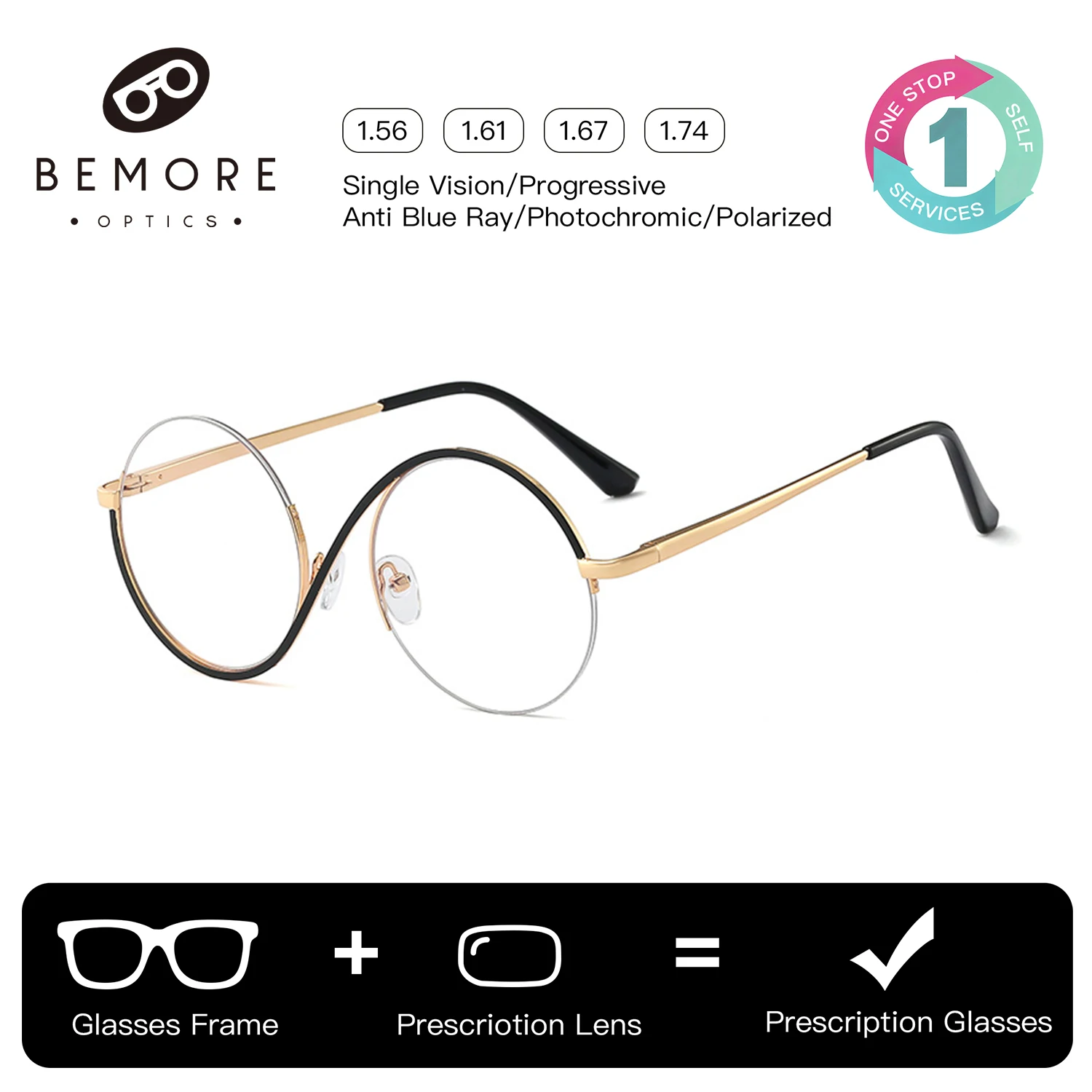 BEMORE Metal Prescription Glasses Women Round Anti Blue Light Anti Reflective Photochromic Bifocal Hyperopia Eyeglasses