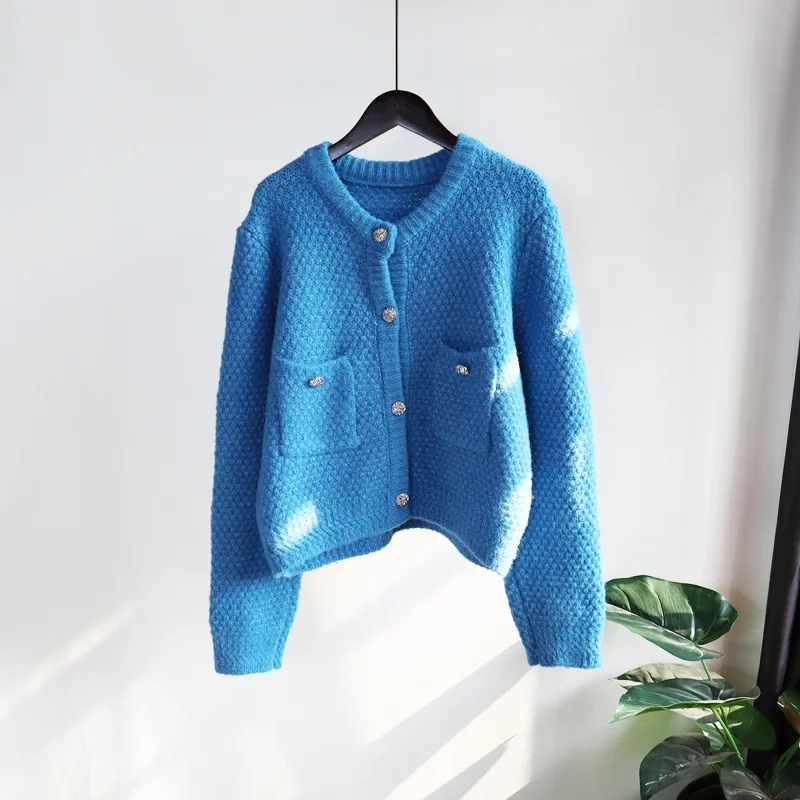 Klein Blue Fragrant Knitted Cardigan Women's Autumn New 2024 Korean Style Loose Retro Short Sweater Coat Sweet Pattern Sueters