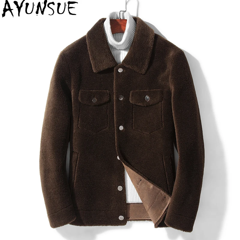 AYUNSUE Moda 100% Cappotti di Lana per Uomo Inverno Breve Tosatura Delle Pecore Giacca Uomo Casual Granulare Cappotto di Lana di Agnello Giubbotti Outwears