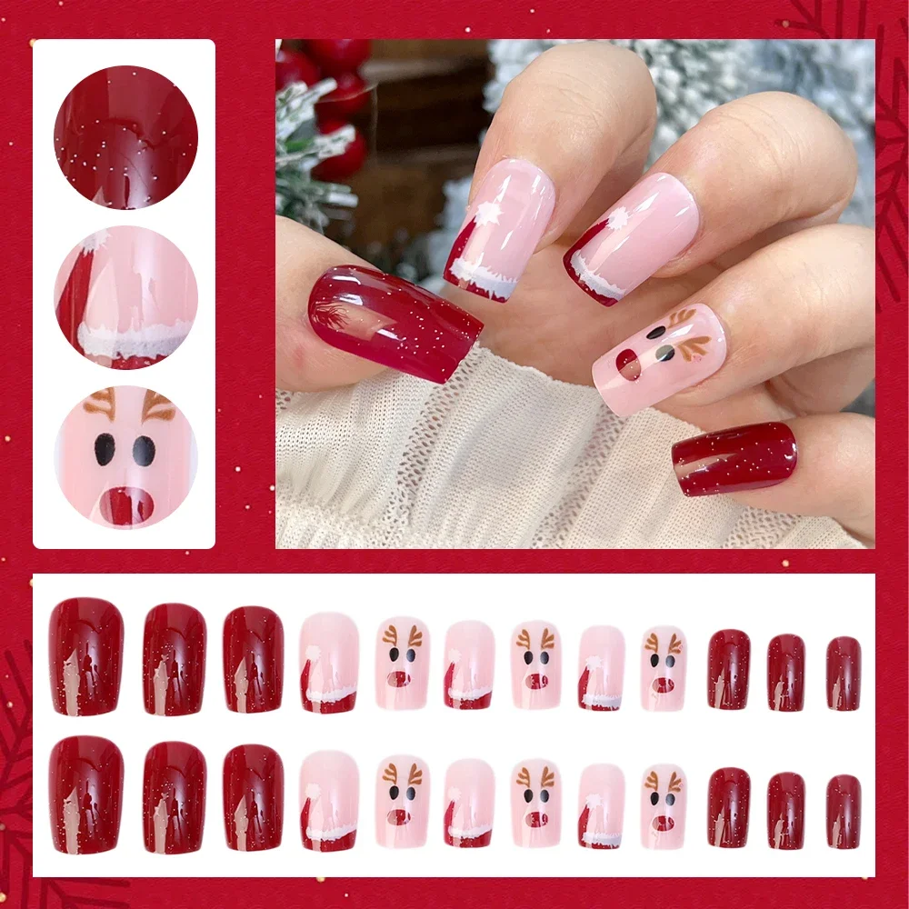 Christmas Cute Snowman False Nail Press on Full Short Nails Tips 24Pcs Elk Pattern Design DIY Manicure Red Fake Nails Art Tools