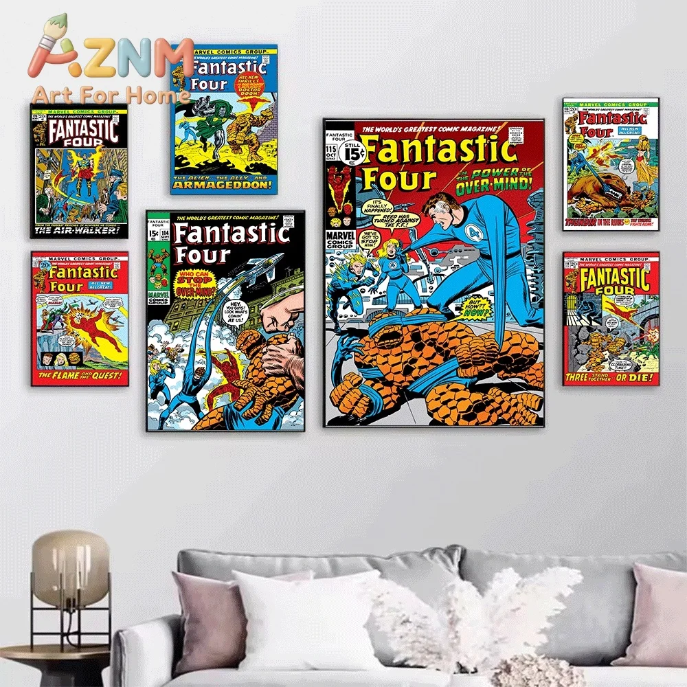 AZNM Fantastic Four The Thing Runs Amok Vintage Comic Cover Collage Canvas Wall Art Unframed Print, Superhero Poster for Bedro