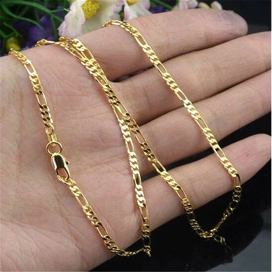 

Изысканное модное ожерелье из позолоченного золота 18K для женщин и мужчин, размер 16-30 дюймов, ювелирное изделие, цепочка Фигаро 4 мм, оптом.