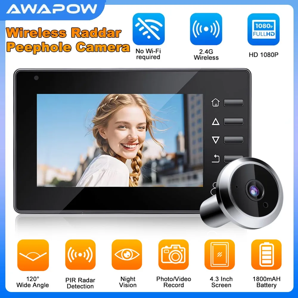 Awapow Raddar Peephole Door Camera Wireless Visual Doorbell 4.3inch Smart Digital Door Viewer Motion Detection Cat Eye Door Bell