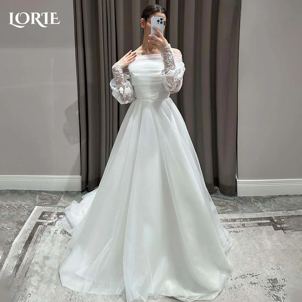 

LORIE Puff Sleeve Wedding Dress Satin A-line Bride Gown Elegant Backless Simple Ivory Bride Dress Off Shoulder vestidos de novia