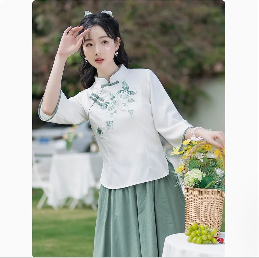 Fivela bordada melhorada cheongsam top, novo estilo chinês estudante hanfu algodão e linho conjunto saia feminina