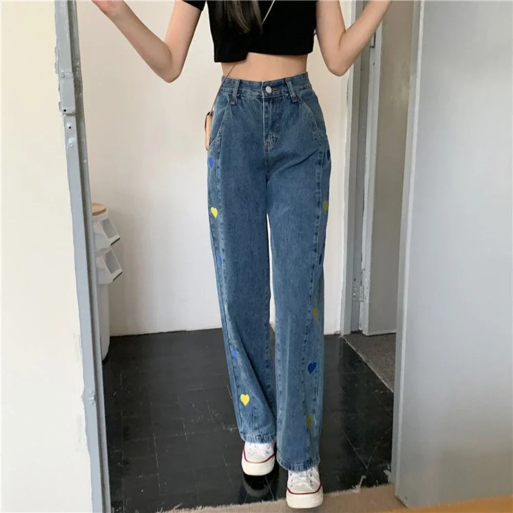 

Trousers Straight Leg with Hearts High Waist Shot Embroidered Womens Jeans Blue Pants for Women Pockets Japanese Y2k Cool Office