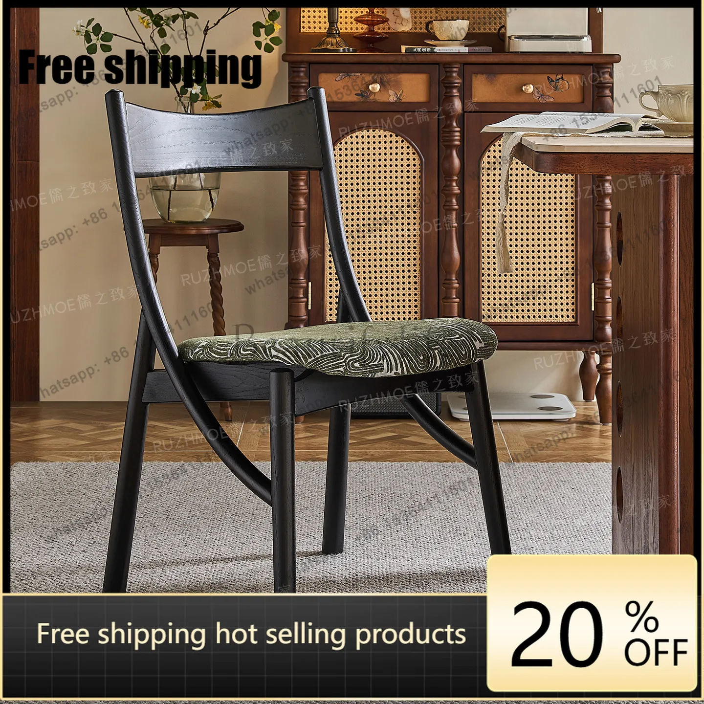 LD solid wood retro home chair backrest printed seat cushion French antique restaurant chair