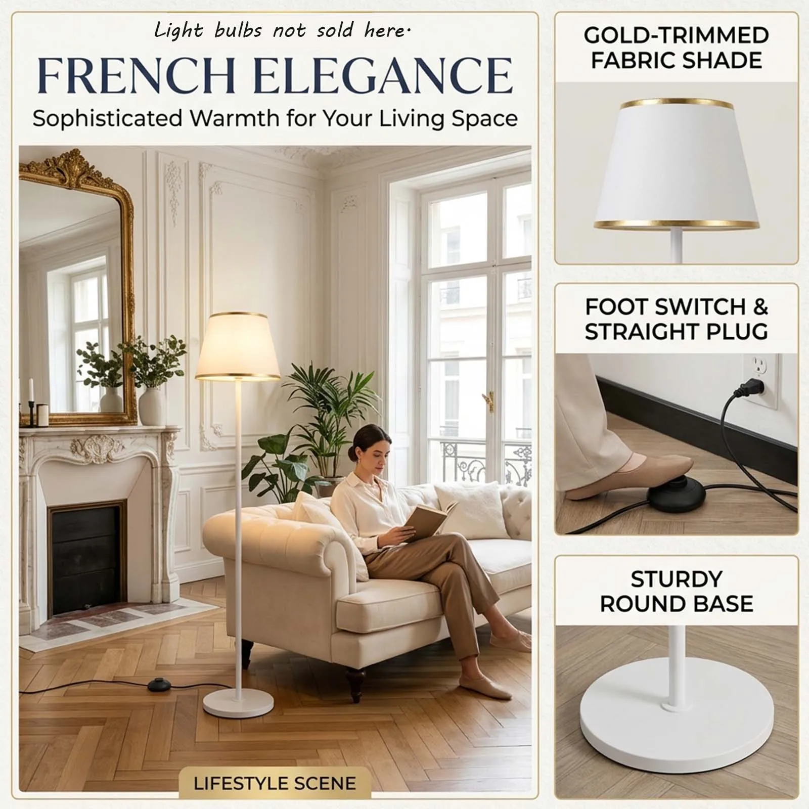 Floor Lamp with Foot Switch, White Body, Fabric Shade with Gold Trim, Straight Plug, Round Base, Home, Lounge, Vintage