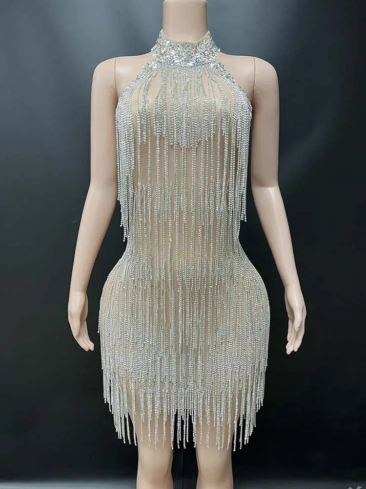 ชุดเดรสตาข่ายเซ็กซี่ประดับพู่ห้อยคอ ปั๊มร้อนคุณภาพสูง แฟชั่นใหม่ปี 2025 เสื้อผ้าผู้หญิงสั่งทำพิเศษ