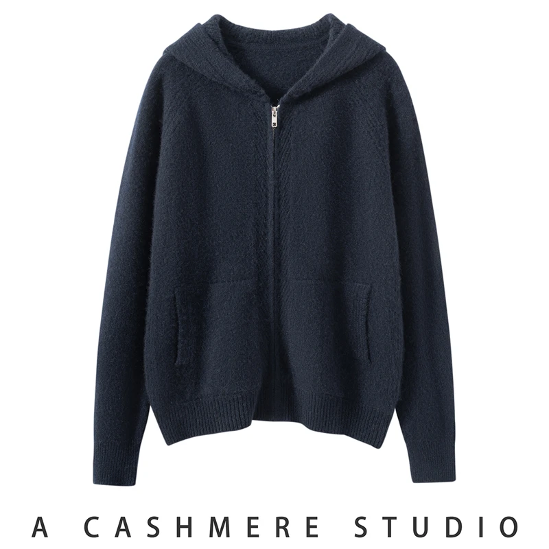 

Women Autumn Winter Cashmere Sweater Hooded Zippers Cardigan Thicken Casual 100% Cashmere Knitwear Pockets Raglan Sleeve Clothes