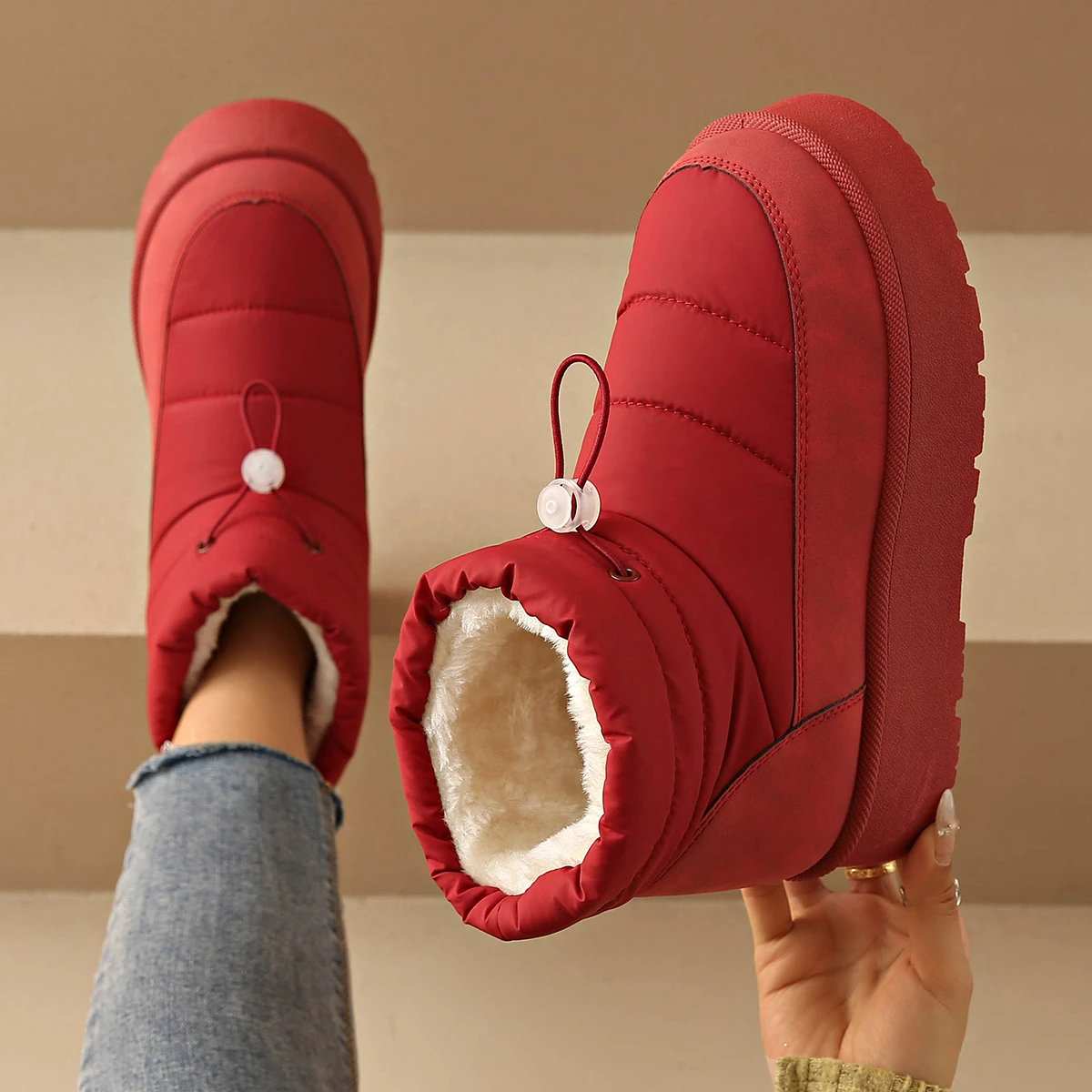 

2026 Thick Plush Waterproof Boots for Woman Chunky Platform Winter Red Snow Boots Women's Anti Slip Warm Faux Fur Ankle Botas