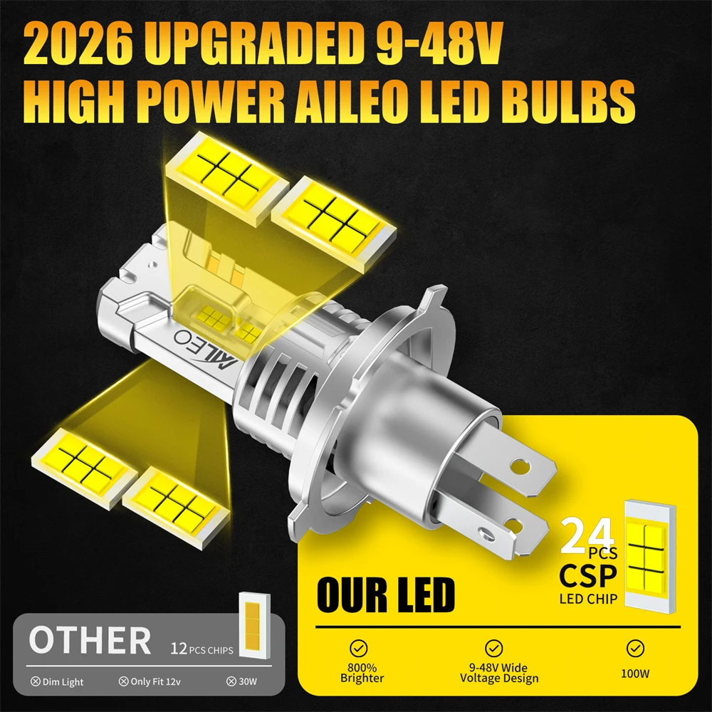 AILEO 2PC LED Lights H4 Hi/Lo Beam 350W 6000K Headlight Bulb Mini Size 80000LM Design Wireless For Car Lamp CSP 7035 Plug & Play