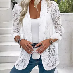 Spring and summer fashion small suit collar small cardigan with solid color lace hollow-out seven-quarter sleeve shirt coat