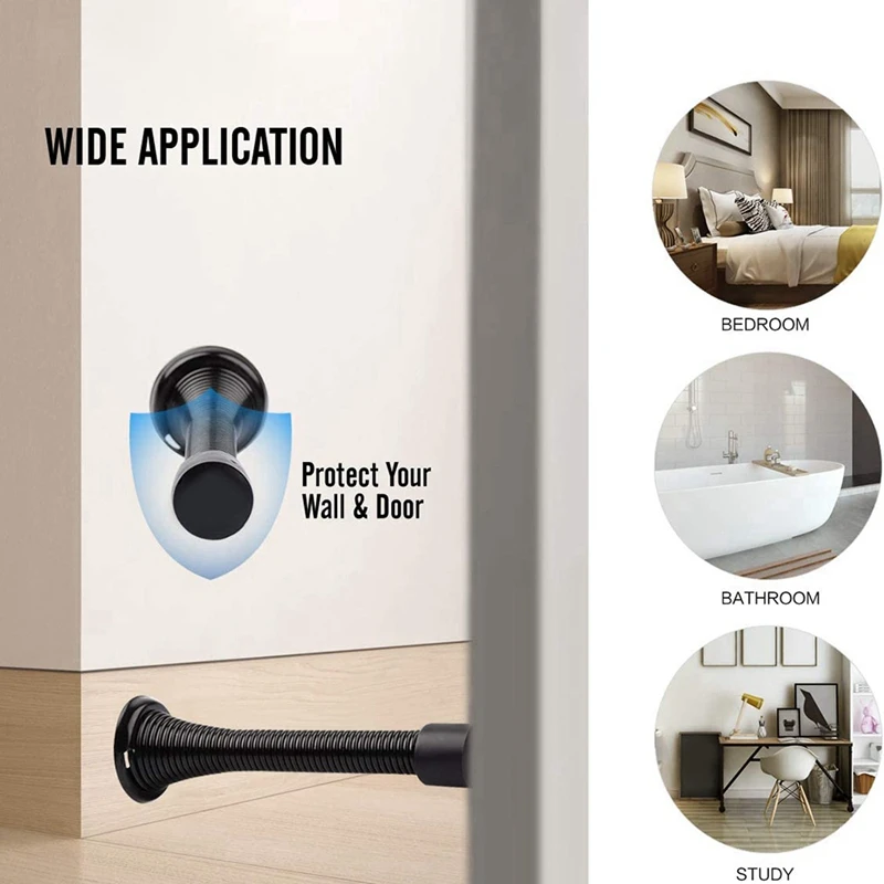 12 Pack Flexible Spring Door Stopper Door Stop Wall Protector With Low Mounted Black Rubber Bumper Tips